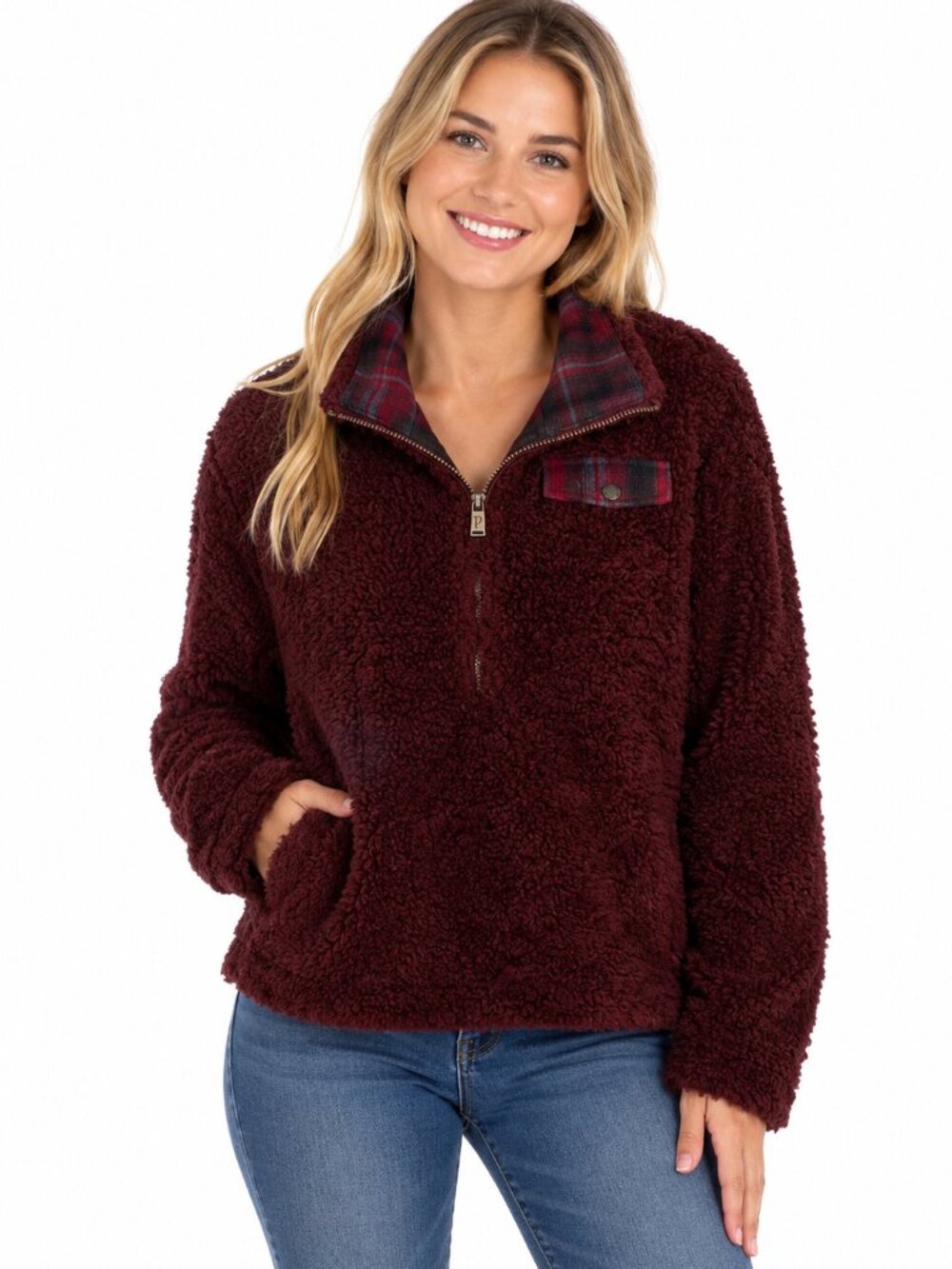 Pendleton Fuzzy Zip Jacket Size Medium Dark Red Maroon Deep Pile Plaid Accent